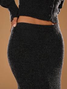 SHEIN BAE Women's Elastic Waist Mermaid Maxi Knit Skirt,Spring Sweaters, Everyday Casual Wear. - Dark Grey - View 7