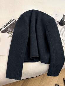 Franclia 时尚法式优雅短款棕色圆领长袖女士大衣，秋冬 - 藏蓝色 - 查看 2