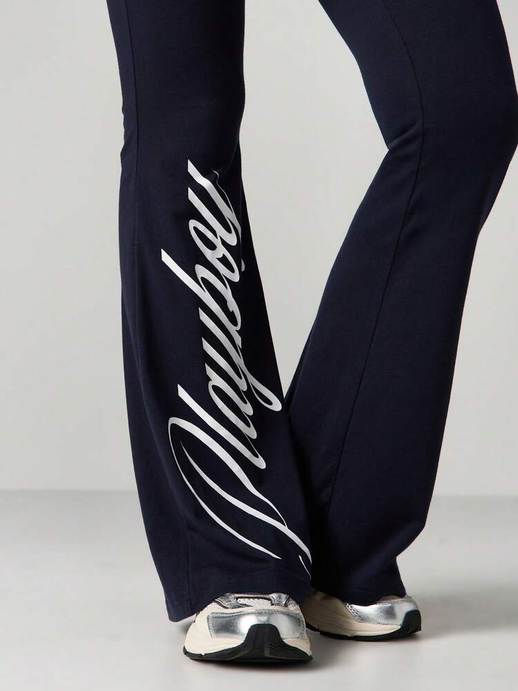 Missguided x Playboy High Rise Flared Pants With Script Print Detail For Casual Chic Style