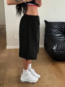 StreetHx Shorts cargo casuales de mujer de unicolor de primavera con cintura con cordón - Negro - Ver 5