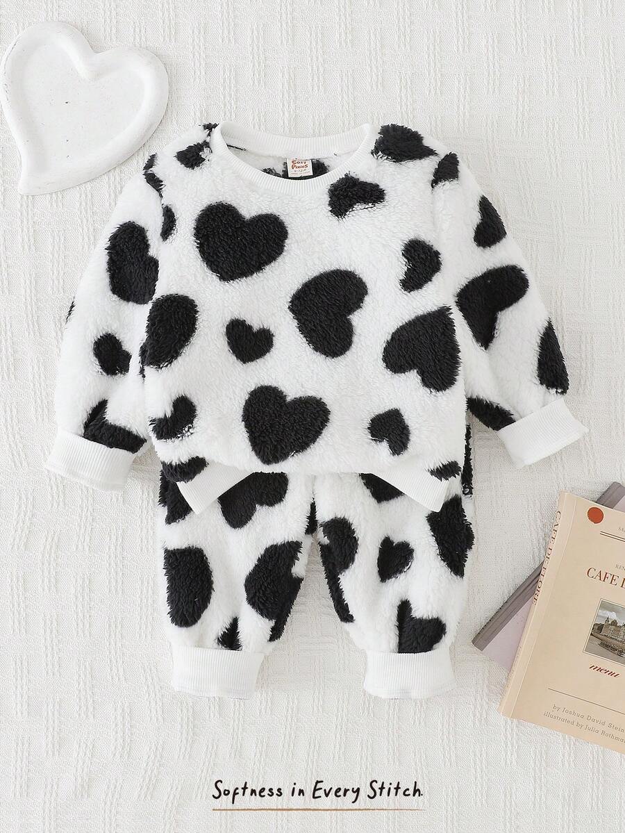 Cozy Pixies 女婴心形图案羊毛家居服上衣和裤子套装，秋冬 - 黑色 - 查看 1