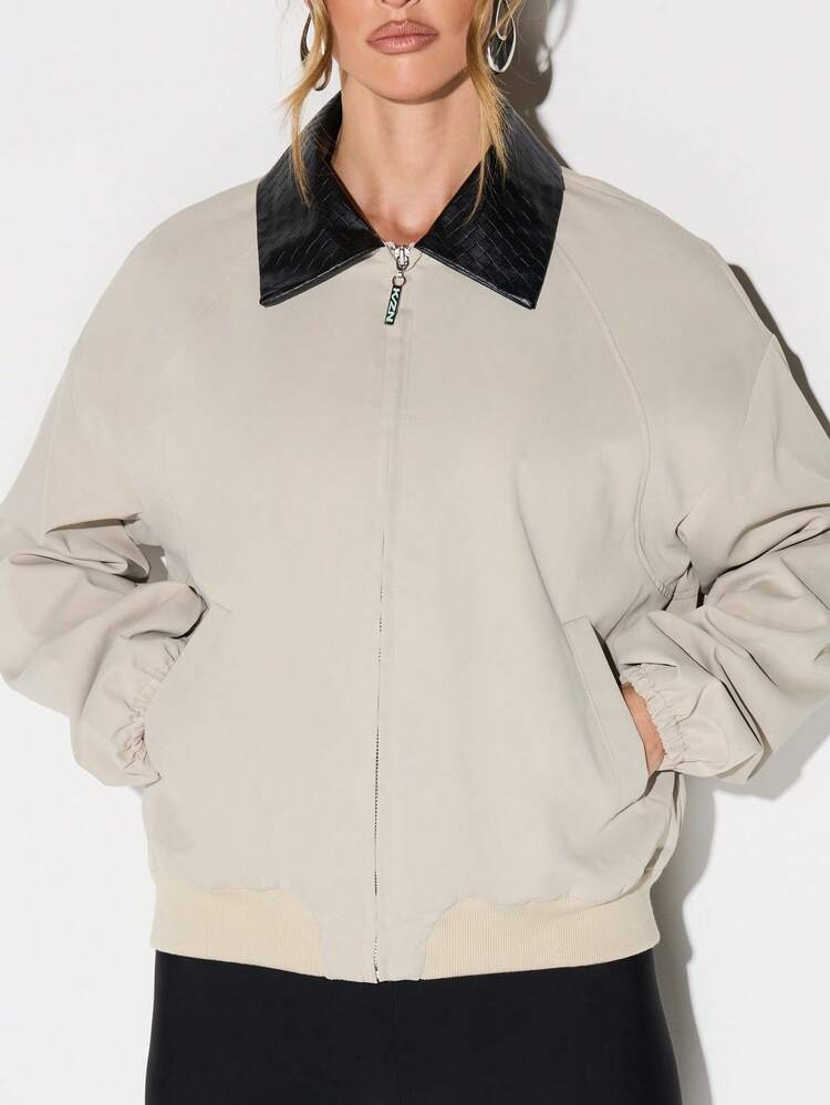 KIZN Oversized Canvas Bomber Jacket With Quilted Collar