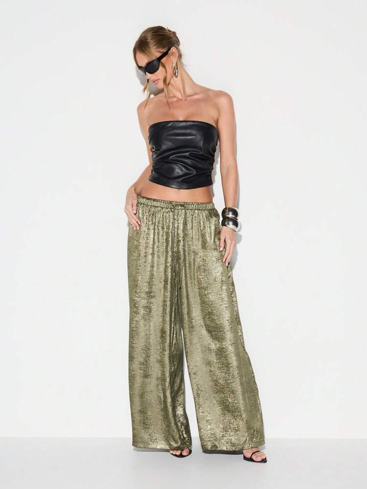 KIZN Calça Pantalona de Perna Larga Metálica com Cordão na Cintura para Festa, Evento e Ocasião à Noite
