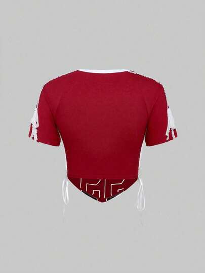 ROMWE Avant Women's Retro School Style Back To School Sexy Sports Ballet Lace Patchwork Embroidered Numeric Tight T-Shirt