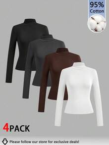 Tseoso 4pcs/Set Women's Casual Minimalist Slim Fit Turtleneck T-Shirt, Autumn/Winter, Versatile For Daily Wear, 95% Cotton - Multicolor - View 13