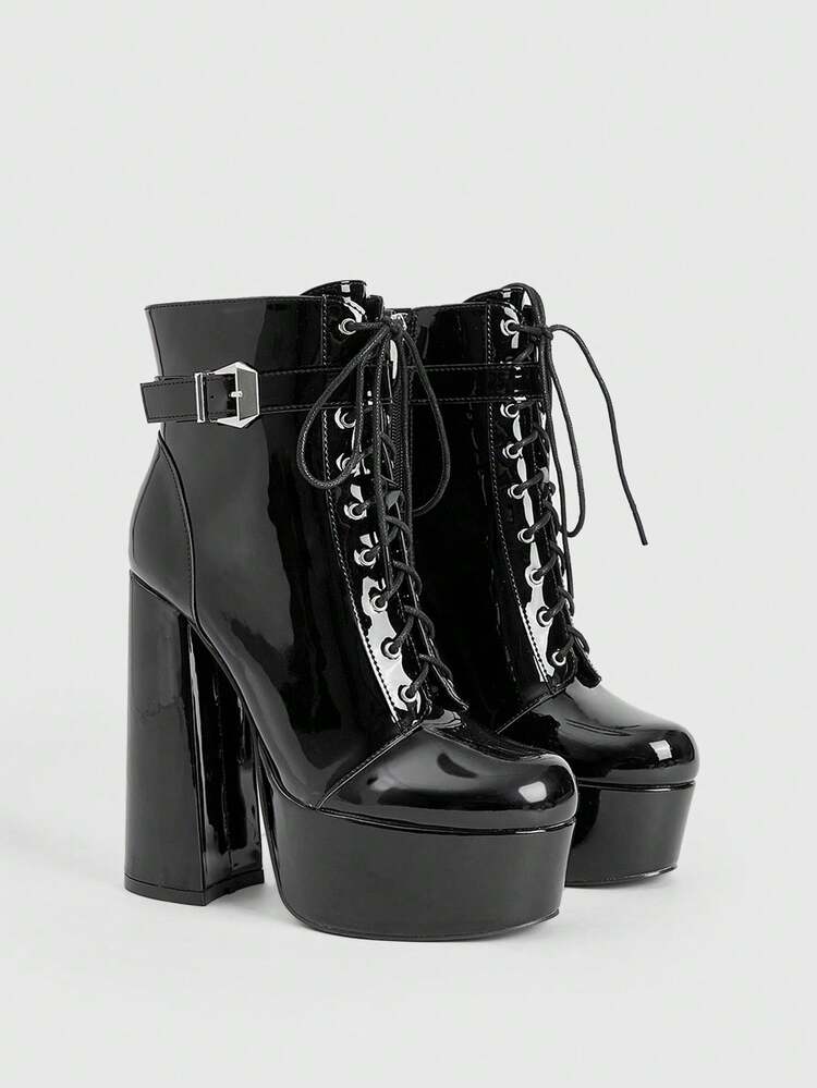 CUCCOO LuxiPop Women's Outdoor Round Toe Thick High Heel Waterproof Platform Black PU Glossy Material Buckle Decor Fashion Comfortable Daily Party Banquet Side Zipper Boots