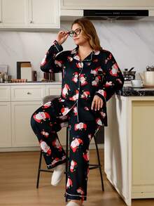 SHEIN Set pijamale cu cardigan și pantaloni cu guler răsturnat, mărime mare, Crăciun - Negru - Vizualizare 7