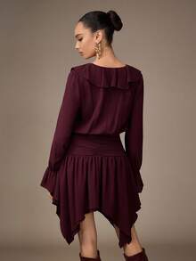 Modelyn Women's V-Neck Ruffle Flare Sleeve Asymmetrical Long Dress - Burgundy - View 2