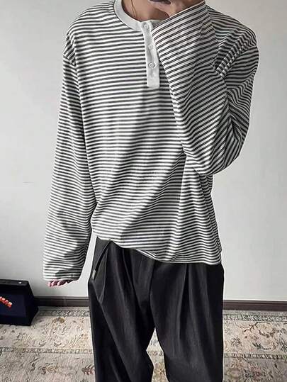 Manfinity Dauomo Striped Print Half-Button Casual Versatile Long Sleeve T-Shirt