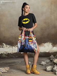 BATMAN X SHEIN 1 Cute Cartoon Character Printed Polyester Fiber Foldable Shopping Bag, Tote Bag, With A Small Storage Bag With A Bead Chain, Which Can Be Hung On The Bag. - 彩色 - 查看 3
