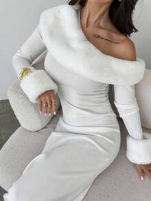 Firerie Vestido de punto asimétrico con cuello y puños de piel sintética blanca desmontables para mujer, ideal para otoño/invierno, vestido de invierno para mujer, ropa de invierno para mujer, vestido de invierno para mujer, ropa de invierno para mujer, vestido de invitada de boda, ropa de mujer para Año Nuevo, atuendo de fiesta, vestido de profesora, vestido de punto hombros descubiertos, para ir a trabajar, elegante, para uso diario, vestido de invierno, atuendo de trabajo otoño/invierno - Blanco - Ver 10