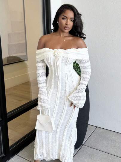 Alexandranx Tea Break Outfit Sweet And Elegant Dress Off-Shoulder Long-Sleeved Dress Date Outfit 3D Floral Dress