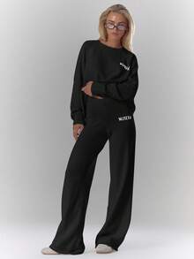 MUSERA Mid Rise Soft Knit Embroidered Wide Leg Trousers Bottom Only Cosy Cute Casual Coffee Club Spring - Black - View 5