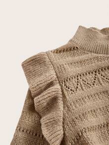 SHEIN Clasi Plus Size Women Black Round Neck Hollow Crochet Pullover Sweater With Ruffle Trim, Elegant Knit Jumper For Autumn, Work And School