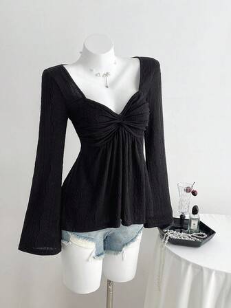 Elamini Women's Textured Jacquard Casual Versatile New Twist Knot Fitted V-Neck Long Sleeve T-Shirt, Autumn/Winter