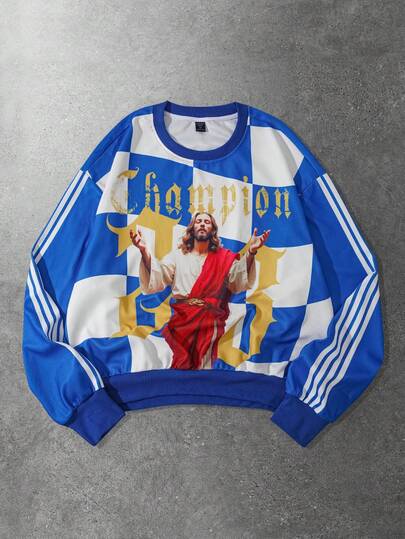 Men's Casual Contrast Striped Figure Print Sweatshirt