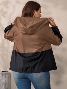 EMERY ROSE Chaqueta casual con capucha, cordón y cremallera de bloques de color para mujer de talla grande - Marrón - Ver 2