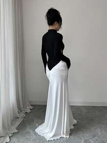 Rafferiza 女式拼色纹理立领短款腰部鱼尾下摆长袖连衣裙 - 黑與白 - 查看 2