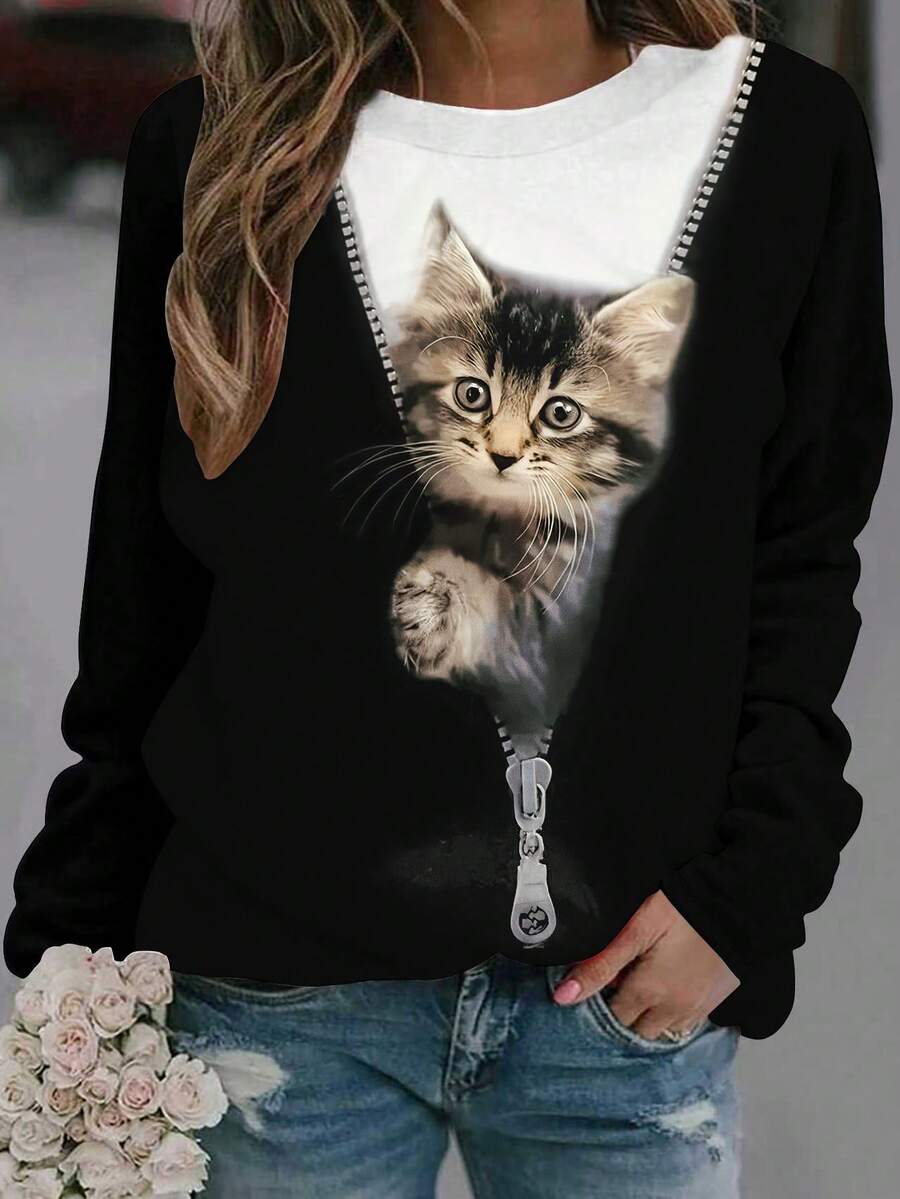 EMERY ROSE Camiseta de manga larga con cuello redondo y estampado de gato en bloques de color para mujer - Multicolor - Ver 1