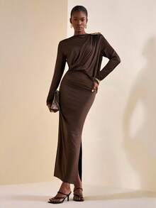 Zivah 20  New Autumn And Winter Styles Casual, Daily, Date, Commuter, Business Lady, Elegant Beach, Cruise, Party, Simple, Internet Celebrity Hit, High-End Party, Round Neck, Hip Pleated, Single Shoulder - Brown - View 7