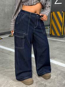 Jeanoix Jeans de mezclilla azul oscuro sin estiramiento de estilo callejero para mujer de talla grande