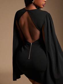 Radiana Váy dài tay hở lưng có khóa kéo chữ O gợi cảm dành cho nữ cỡ lớn, phù hợp mặc đi làm, đi làm, tụ tập, tiệc tùng, văn phòng - màu đen - Xem 1