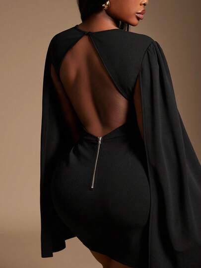 Radiana 大码女式性感通勤斗篷袖露背 O 形环拉链连衣裙，适合工作场所、通勤、聚会、派对、办公室