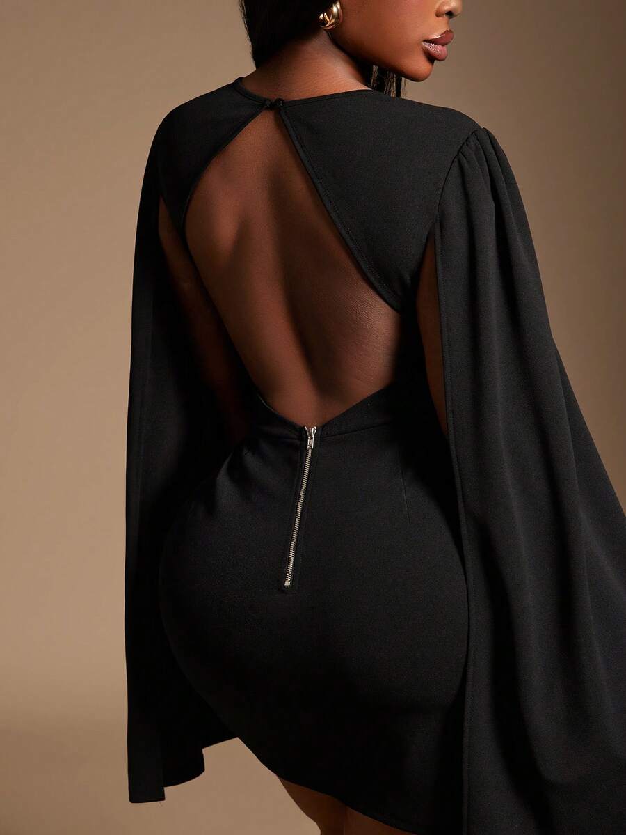 Radiana Váy dài tay hở lưng có khóa kéo chữ O gợi cảm dành cho nữ cỡ lớn, phù hợp mặc đi làm, đi làm, tụ tập, tiệc tùng, văn phòng - màu đen - Xem 1