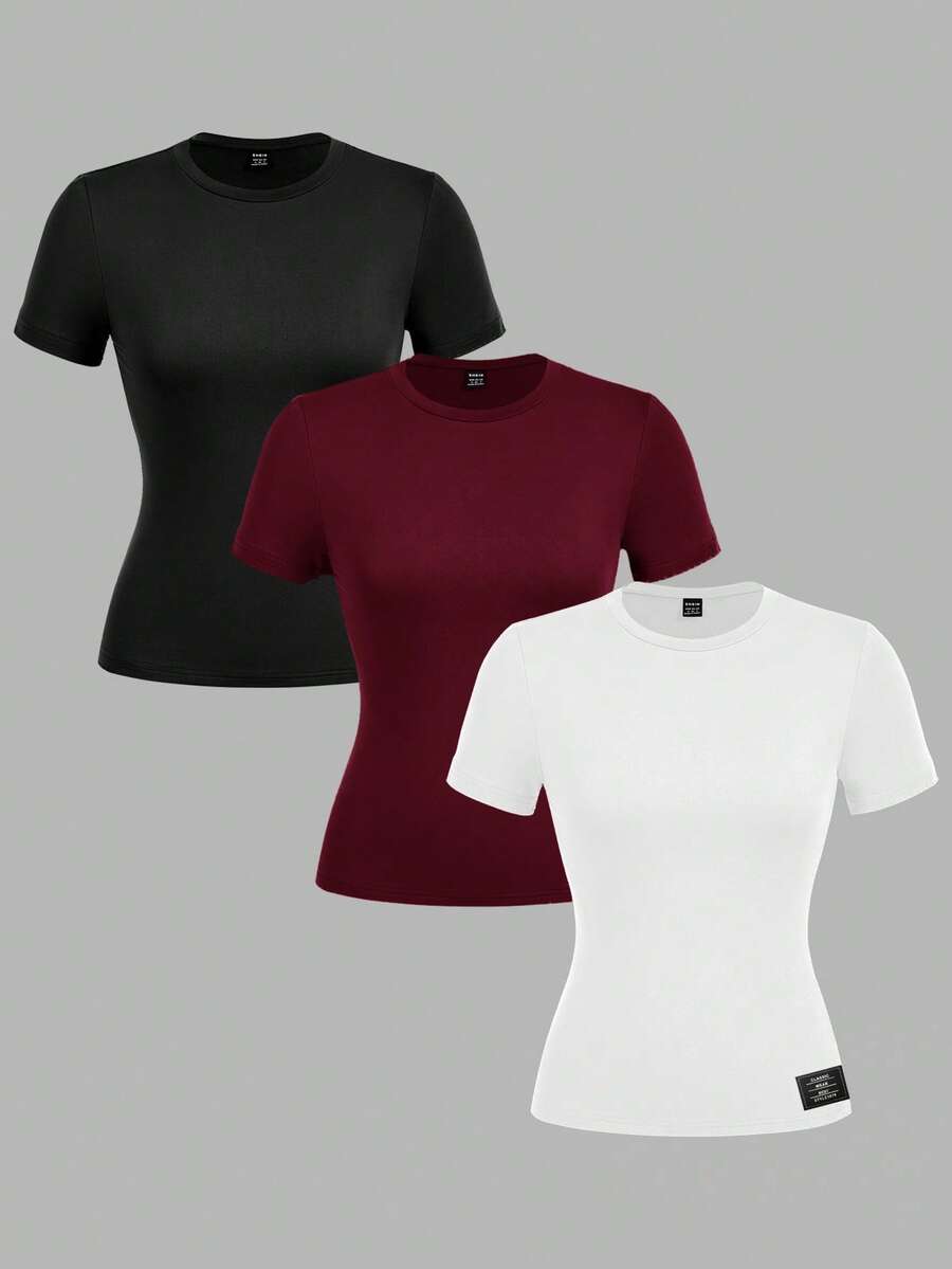 SHEIN EZwear Bộ 3 áo thun dài tay cổ tròn in họa tiết thêu cho nữ - Nhiều màu - Xem 1