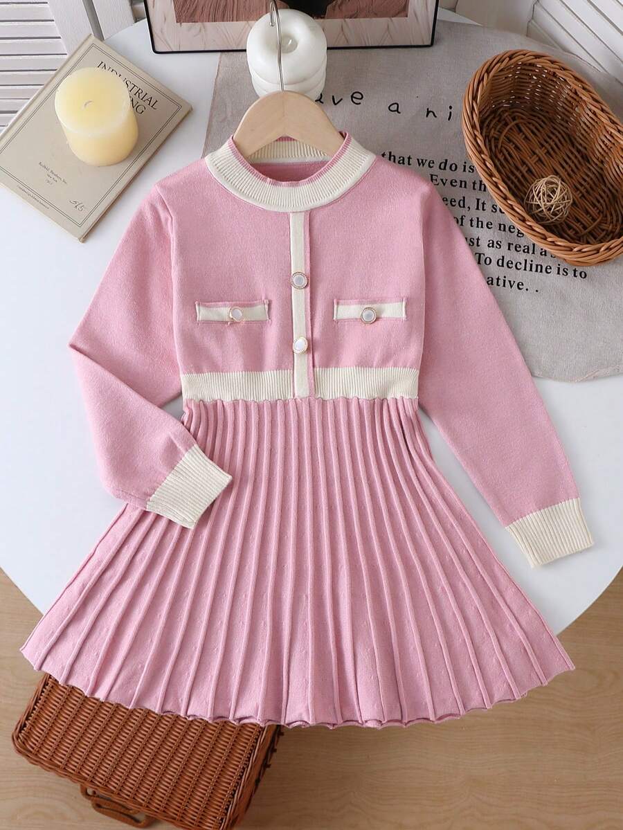 SHEIN Playful Pals Kleine Mädchen Farbblock Rundhals Langarm Plissee Saum Lässig Strickkleid, Herbst/Winter - Pink - Übersicht 1