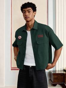 SWAVVY 男士数字刺绣短袖单排扣休闲工装口袋衬衫 - 軍綠色 - 查看 6