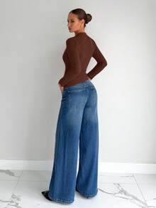 Siren Gaze Áo thun tay dài thời trang nữ mềm mại không đối xứng có khóa kim loại rỗng trang trí - màu nâu - Xem 2