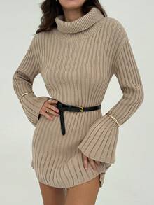 Aloruh Vestido Curto Tricotado Minimalista e Elegante com Gola Alta, Manga Longa, Recortes e Costelas para Mulheres, Outono/Inverno - Damasco - Visão 8