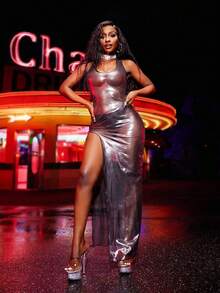 BamGleam 女式性感网眼侧开衩下摆露背透视连衣裙 - 黑色 - 查看 8