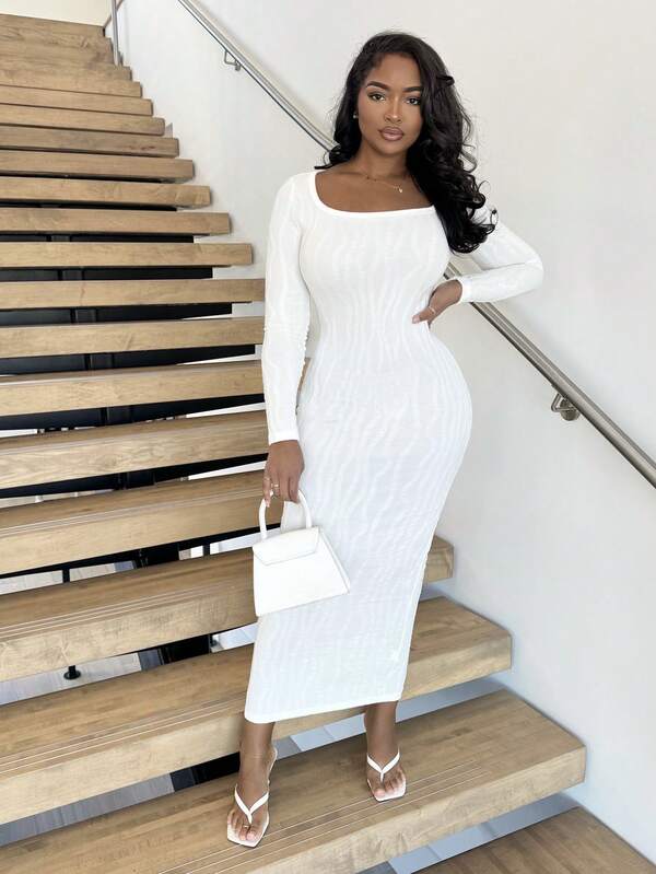 Alexandranx Autumn/Winter Round Neck Cable Knit Apricot Long Sleeve Dress,Pastel Dresses For Women