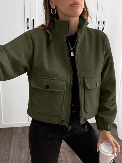 EURMUSE Women's Grey Color Autumn/Winter Long Lapel Elegant Coat With Stamp Fabric, Contrast Zipper And Button Detailed