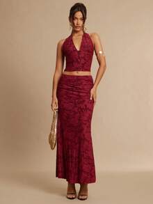 Silquee Women's Floral Textured Lace-Up Backless Camisole,Elegant Burgundy Top,Summer Vacation Party Shirt For ,Nightclub,Wedding,Halloween,Red - Burgundy - View 3