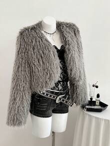 SHEIN PETITE 粉色鸵鸟仿皮草大衣 - 灰色 - 查看 1