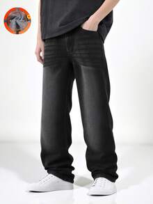 SHEIN Denimly 男士休闲学院风户外风格松紧腰拉链开合户外街头百搭牛仔直筒裤，适合日常穿着、派对和上学