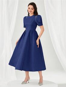 Modelyn Women's Solid Color Round Neck Puff Sleeve Elegant Long Dress - Navy Blue - View 4