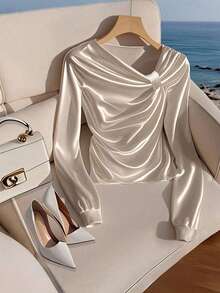 Franclia Women's Casual Poplin Shirt, Asymmetrical Collar Blouse - Champagne - View 1