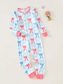 Young Girl' Minimalist Elegant Bow Print Long Sleeve Jumpsuit, Bodysuit Home Outfit Unisex Long Pajama Sets Kids Bow Pajamas Kids Collar Neck Pajama Sets Kids Long Pajama Sets Cotton,Snug Fit - Multicolor - View 1