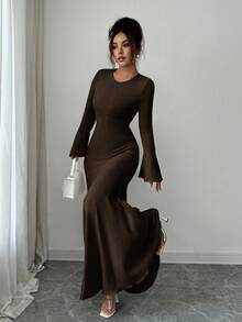 Elenzga Women's Elegant Stretchy Fitted Mermaid Hem Ruffle Sleeve Dress, Autumn/Winter - Coffee Brown - View 5