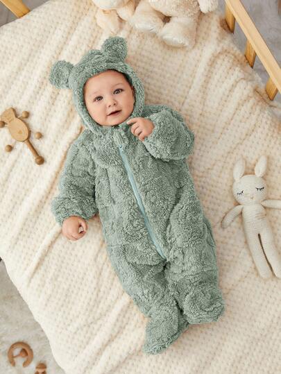 SHEIN Newborn Baby Boy/Girl Cute Cartoon Pattern Thermal Lined Hooded Footed Jumpsuit, Suitable For Autumn & Winter, Indoor & Outdoor Fall