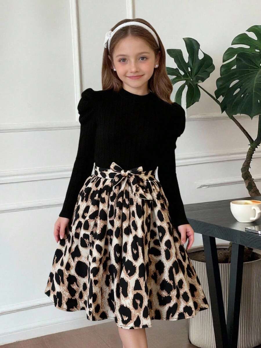 SHEIN Serisse Kids 女童棕色波西米亚风针织圆领泡泡袖长袖拼布碎花连衣裙,适合秋冬,冬季度假连衣裙 - 黑色 - 查看 1