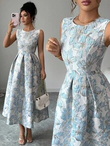 Elenzga Robe d'été élégante à plis jacquard sans manches pour femmes