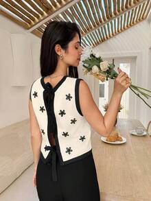 Serisse Women's Black Floral,Summer,Elegant,Brunch Contrast Color Tie-Up Sleeveless Sweater Vest,Embroidery Bow Backless Top,Old Money Business Casual Office - Beige - View 5
