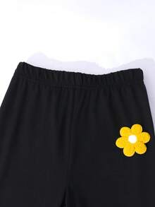 女童花卉装饰连帽运动衫和修身喇叭裤休闲套装，适合外出、度假和日常穿着 - 灰色 - 查看 6