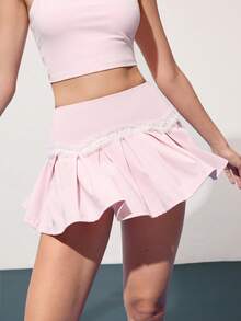 CourtClass 女式休闲撞色蕾丝运动裙裤，夏季 - 粉色 - 查看 2