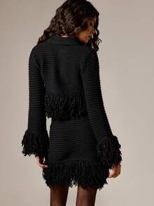 AiiRZ Chunky Knit Fringe Co-Ord Set Crop Sweater Mini Skirt Autumn Winter Lounge Outfit - Black - View 2